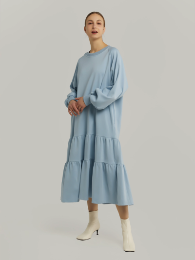 Puffed-Sleeve Cotton Tiered Dress
