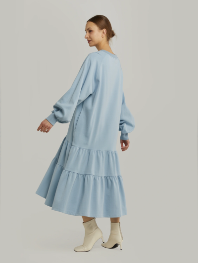 Puffed-Sleeve Cotton Tiered Dress