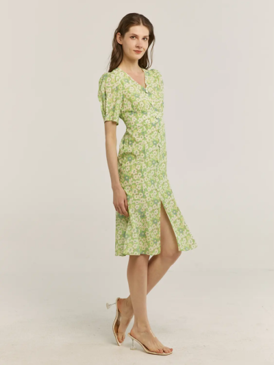 Floral Short-Sleeve Silk Chiffon Dress